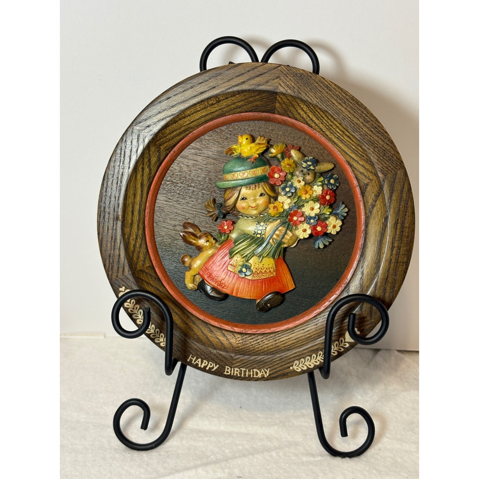 Vintage 1974 ANRI Juan Ferrandiz Wood Carved Happy Birthday Plate Italy 7.75\ Vintage 1974 ANRI Juan Ferrandiz Wood Carved Happy Birthday Plate Italy 7.75\
