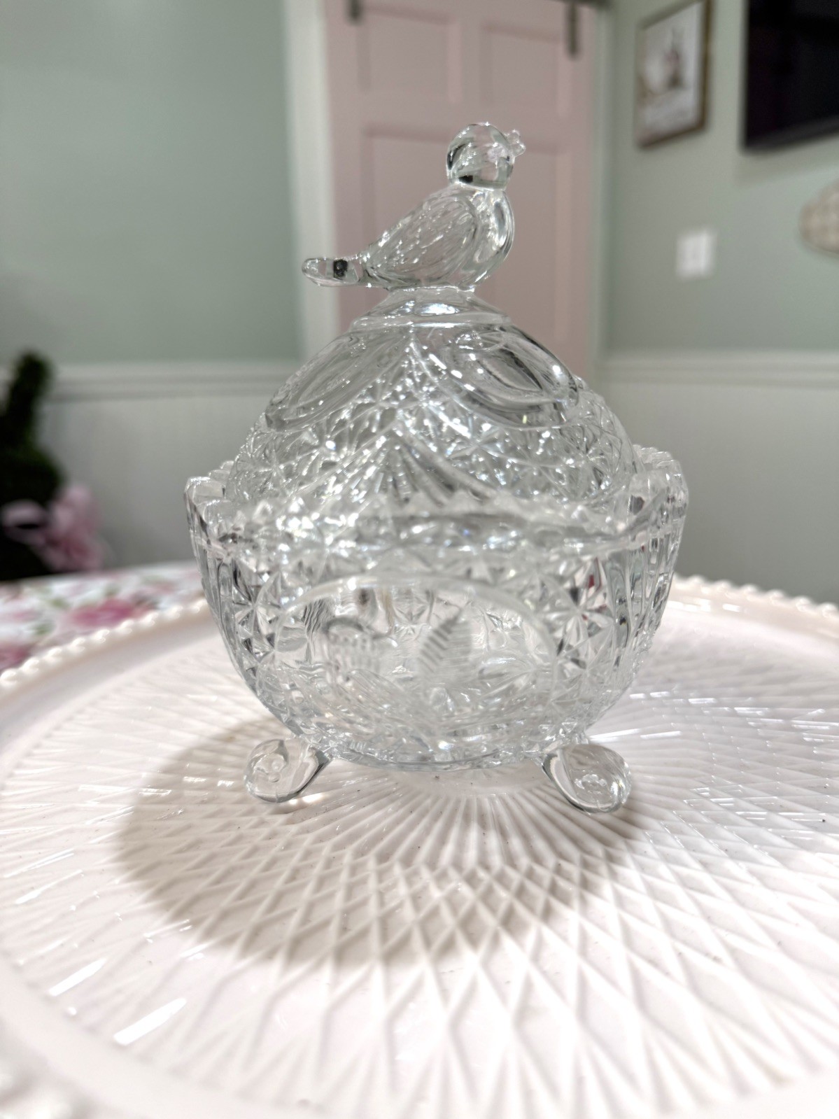 Hofenbauer Byrdes Crystal Trinket Dish with Bird on Top Vintage Beautiful  READ