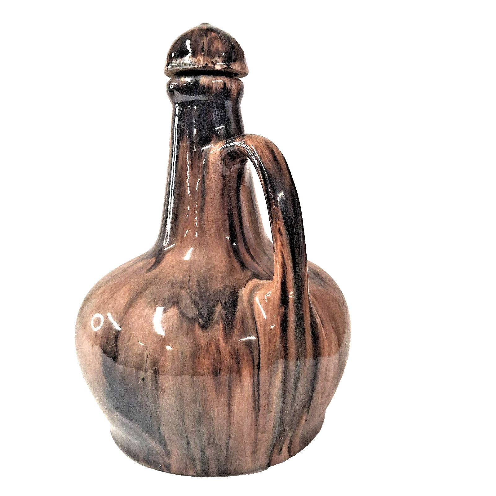 Vintage McCoy Onyx Music Box Jug Brown Drip Glaze Pottery Decanter USA