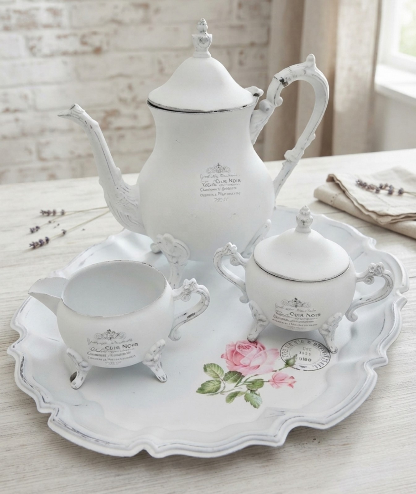 Vintage French Shabby Chic Upcycled Silverplate Tea Set Tray Teapot 