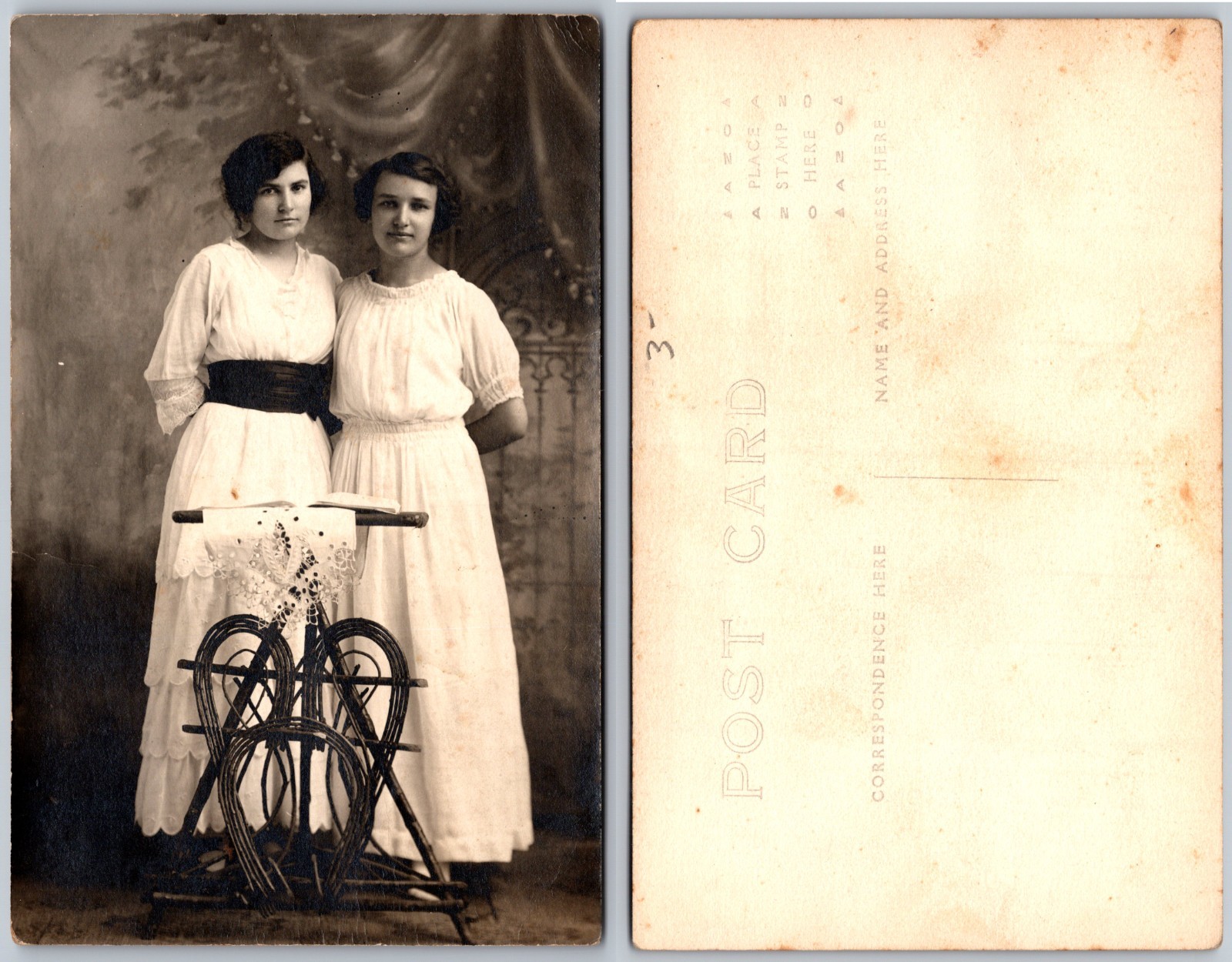 RPPC Two Women White Dresses Studio Photo Postcard