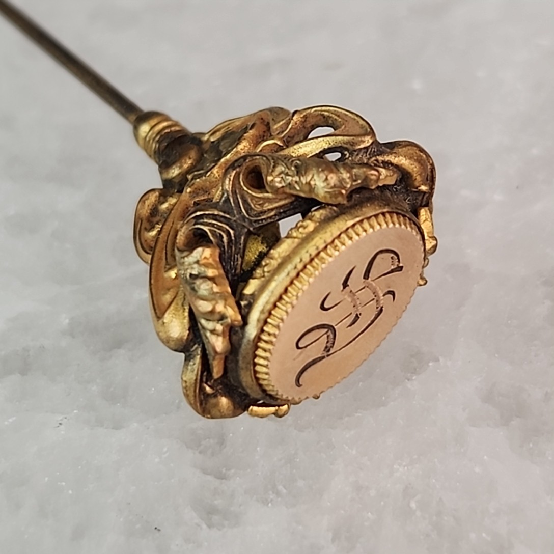 Antique Victorian Hat Pin Art Nouveau Etched Initial Gold Filled 10.5\ Antique Victorian Hat Pin Art Nouveau Etched Initial Gold Filled 10.5\