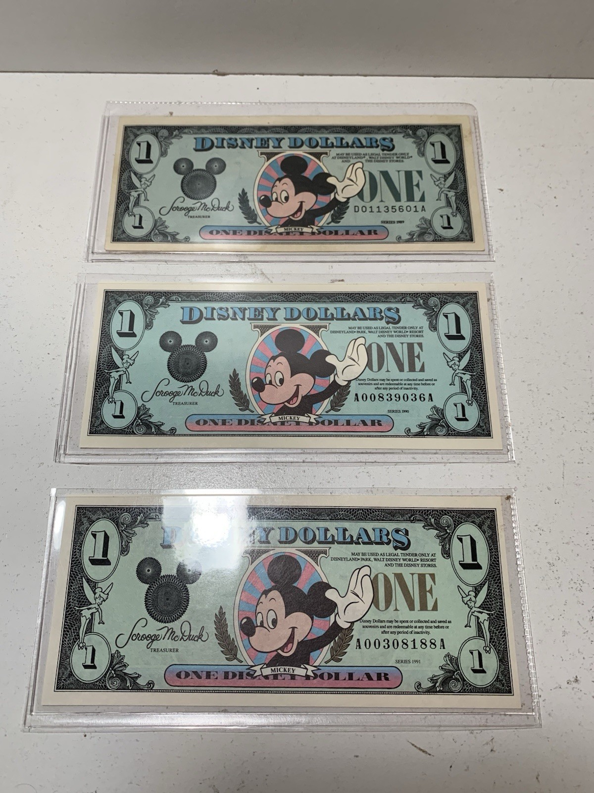 Lot of Disney Dollars, 1989 DA, 1990 AA, 1991 AA, Mickey Mouse