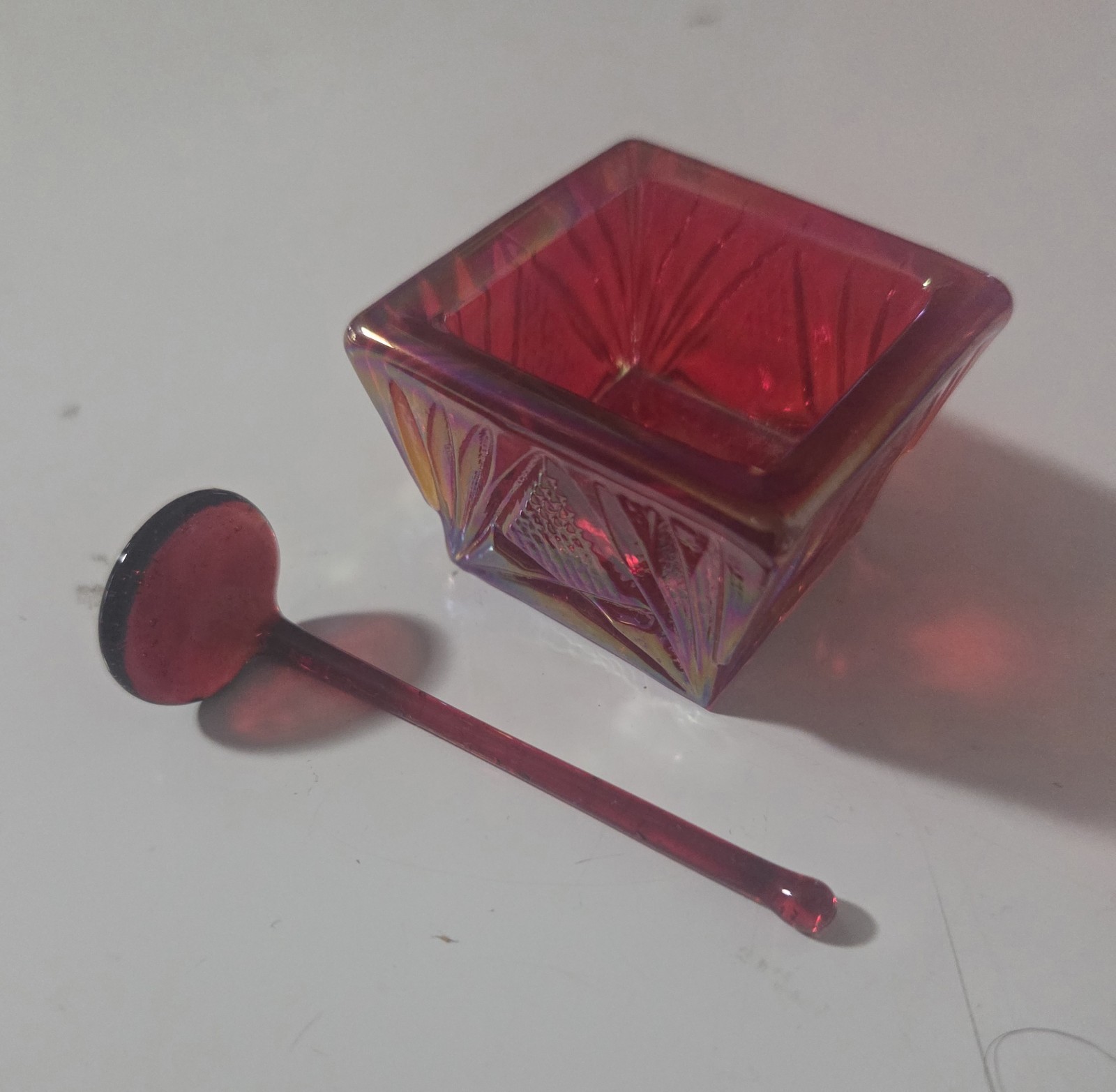  Iridescent Red Carnival Glass Salt Cellar ~Vintage ~With Spoon ~Glows 