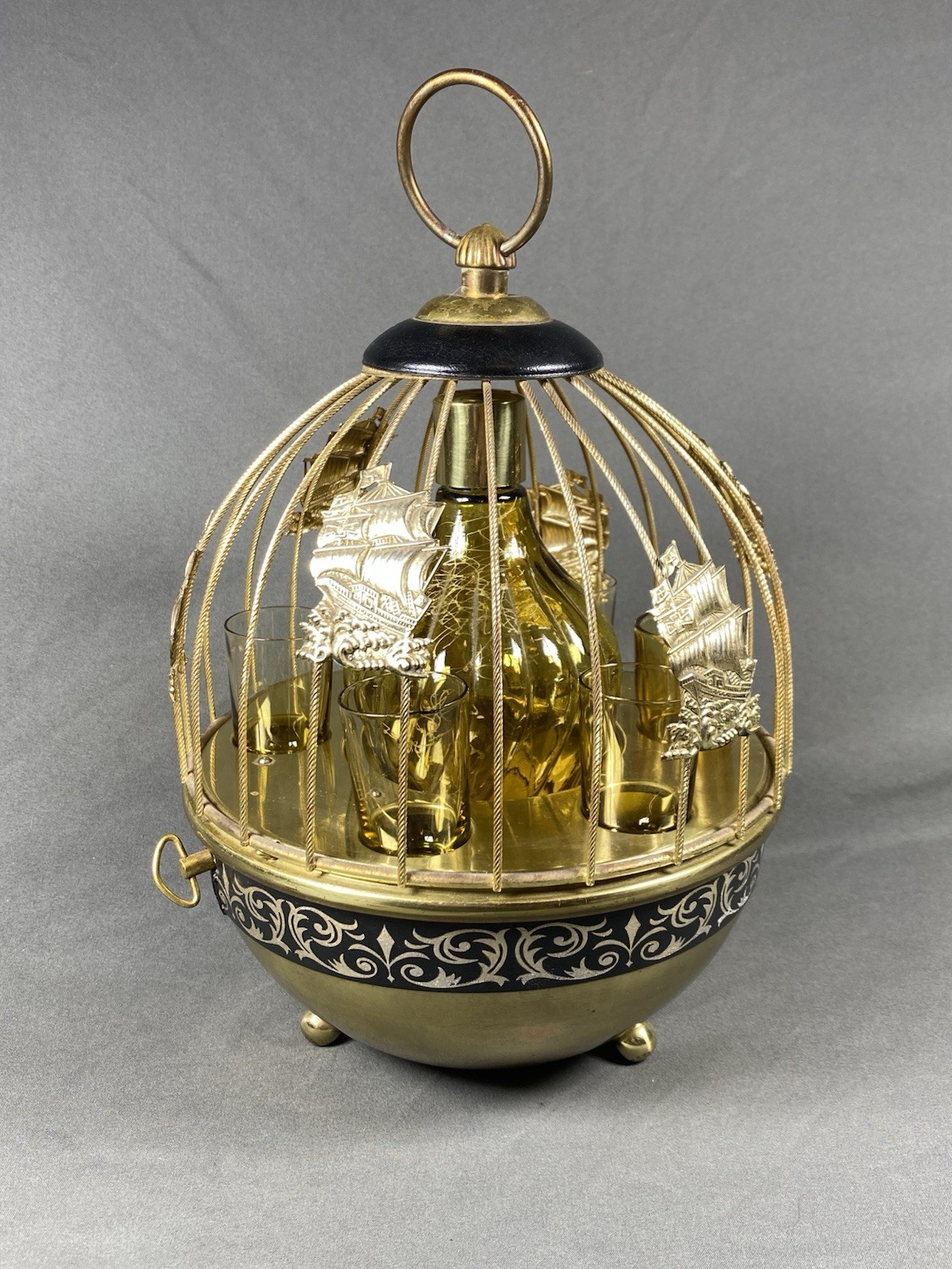 Vintage MCM Modern Brass Music Box Bird Cage Liquor Decanter Shot Glass Set READ