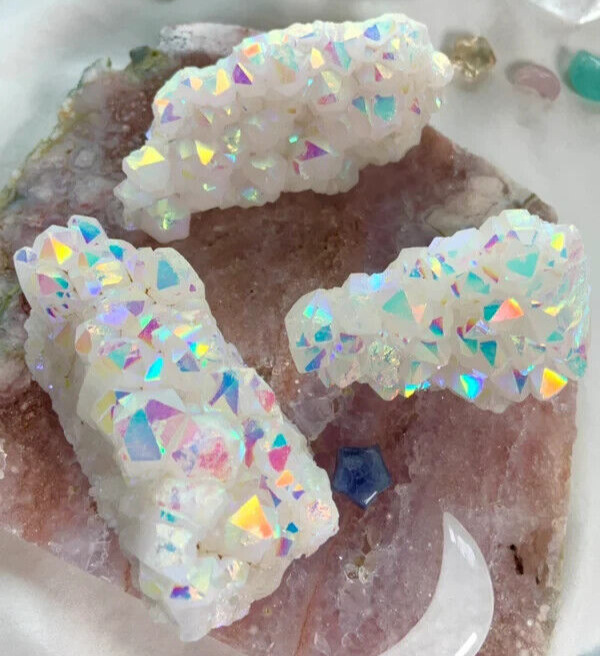 Wholesale 4pcs Natural Raw Rainbow Angel Aura Cluster Titanium Crystal Specimens