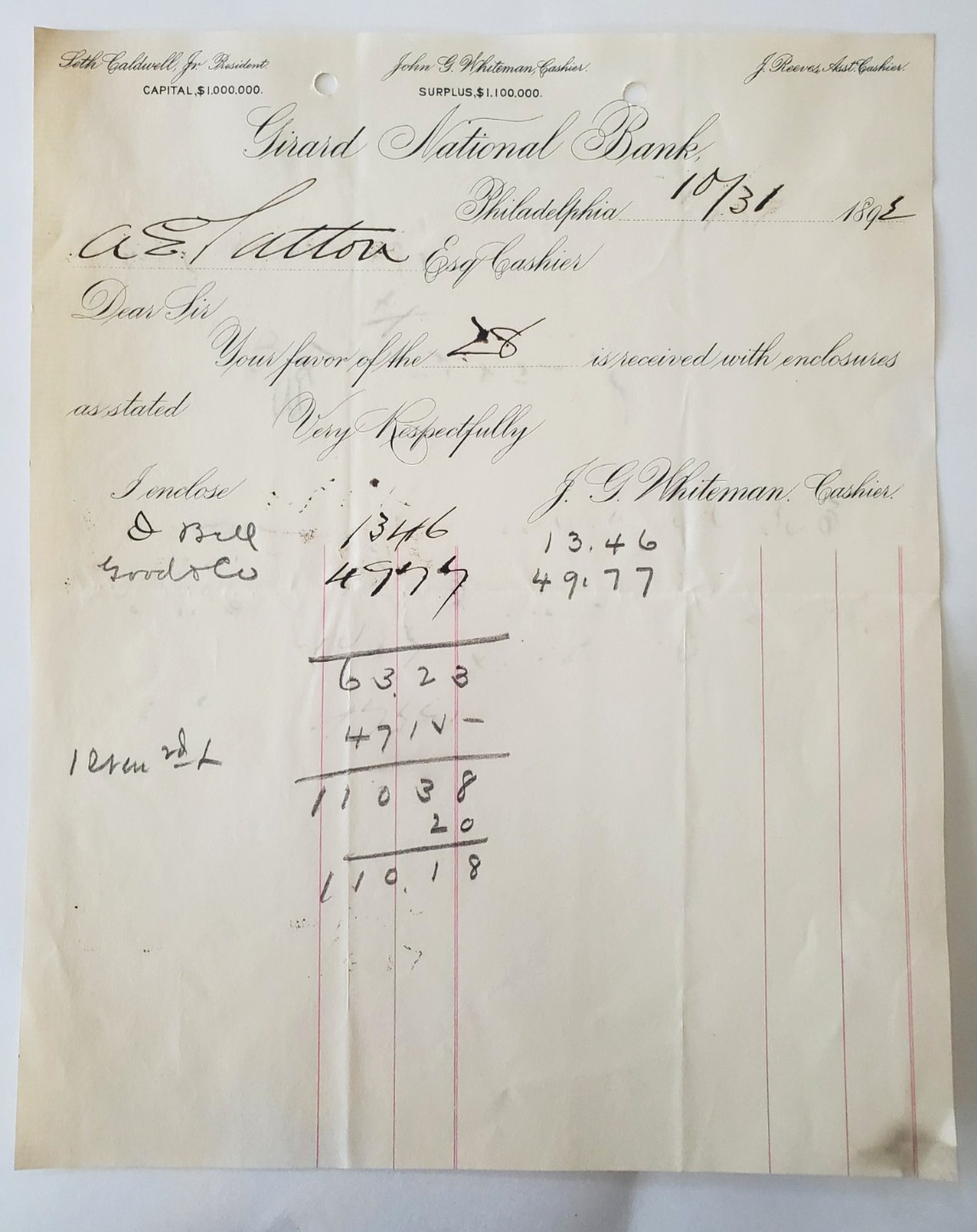 1892 Document, Girard National Bank, Philadelphia PA, J.G. Whiteman Cashier