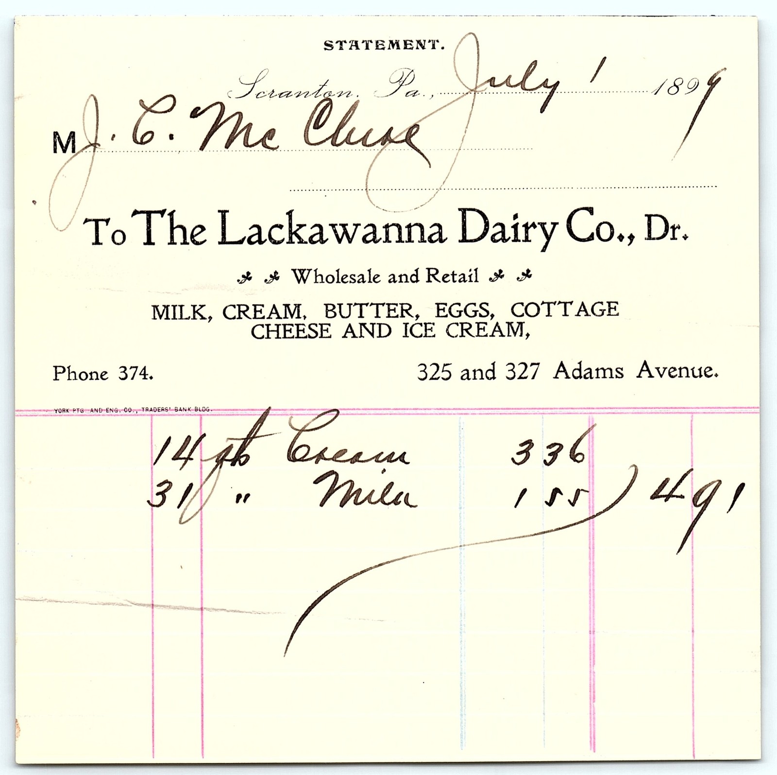 Vintage 1899 Lackawanna Dairy Co. Billhead Scranton, PA