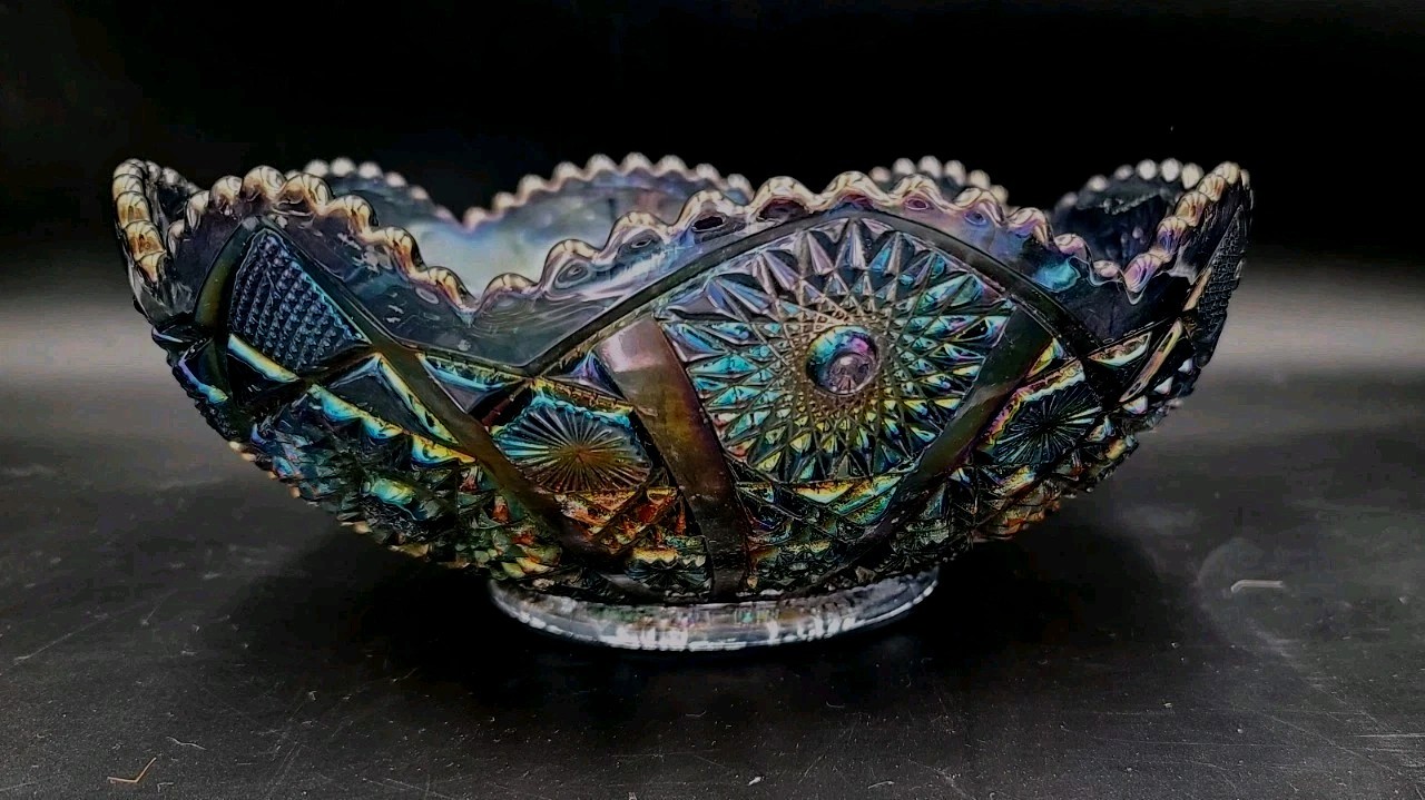 Vintage Carnival Glass Bowl Imperial Glass Hobstars & Arches Smoke Amethyst 9.5” Vintage Carnival Glass Bowl Imperial Glass Hobstars & Arches Smoke Amethyst 9.5”
