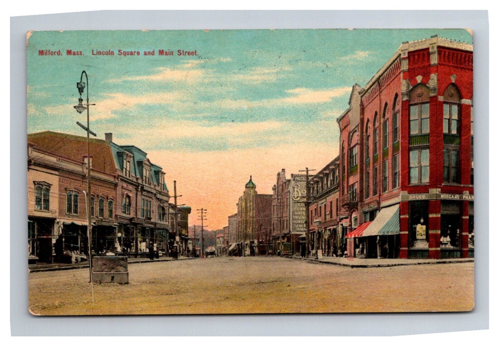 Postcard Milford Massachusetts Lincoln Square Main Street Downtown Drugstore