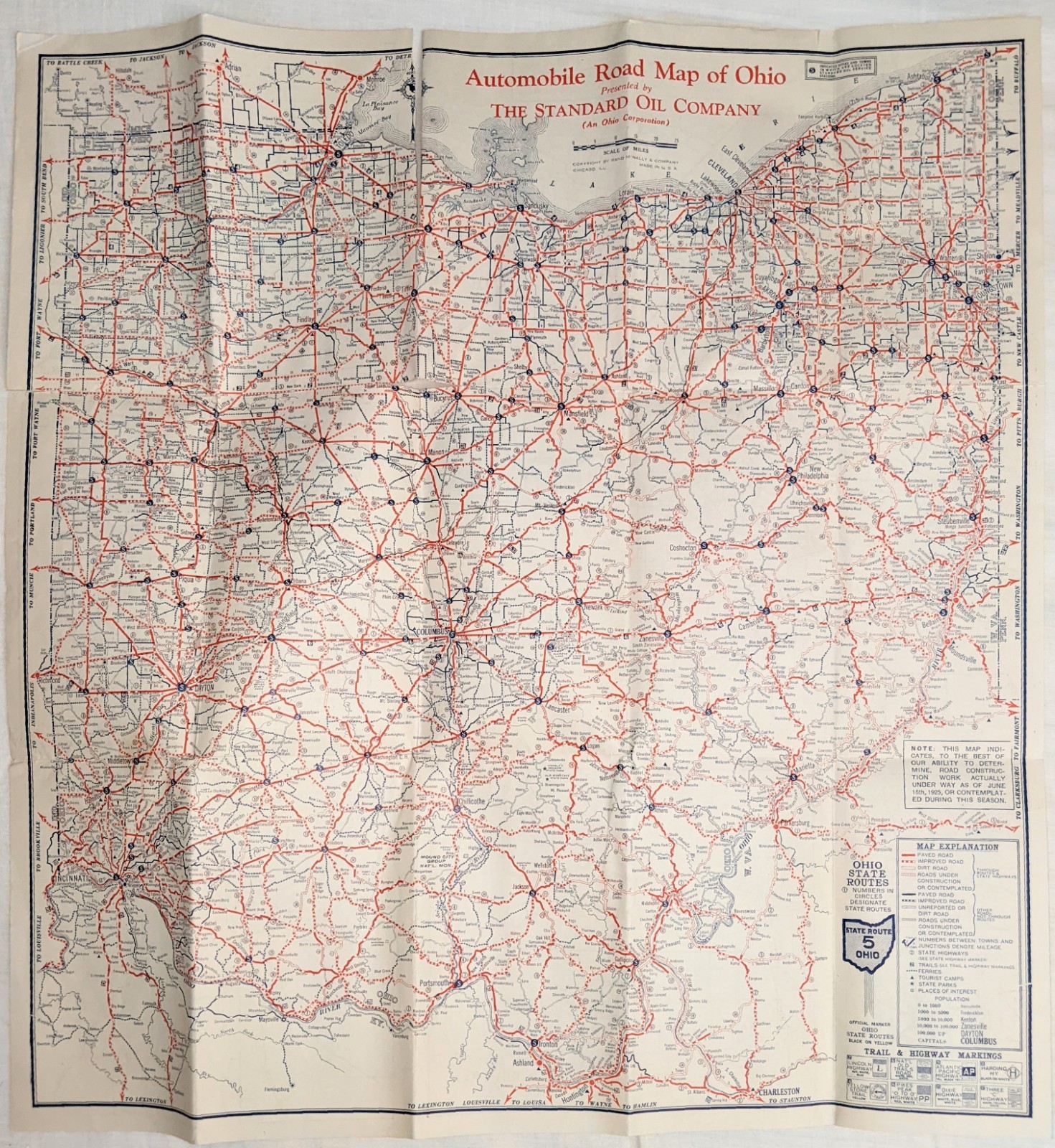 Vintage Antique 1925 Standard Oil Ohio Road Map Gas Stations Polarine Motor Oil