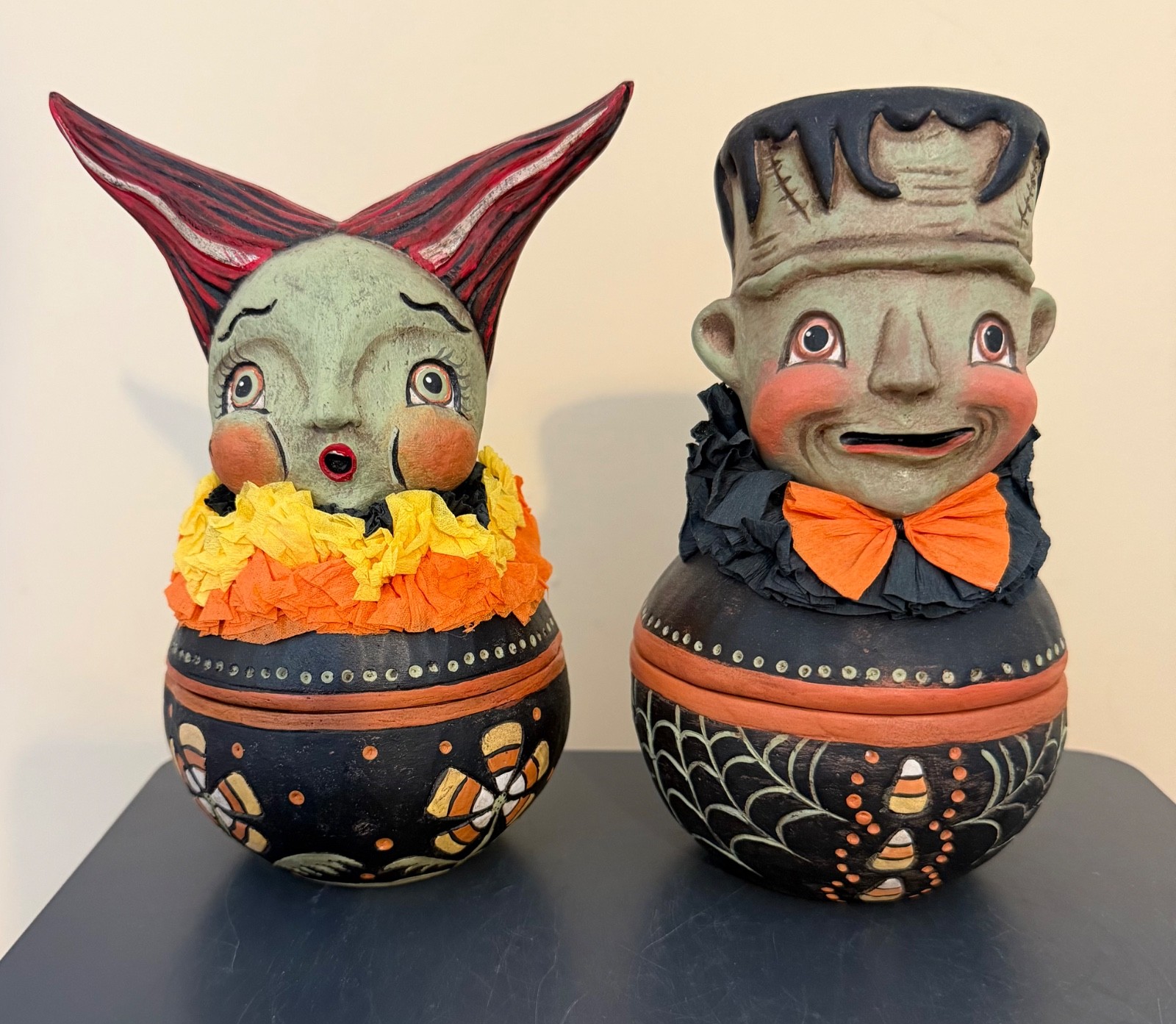 Johanna Parker By Bethany Lowe Frankie and Bride of Frankenstein candy bowls Johanna Parker By Bethany Lowe Frankie and Bride of Frankenstein candy bowls