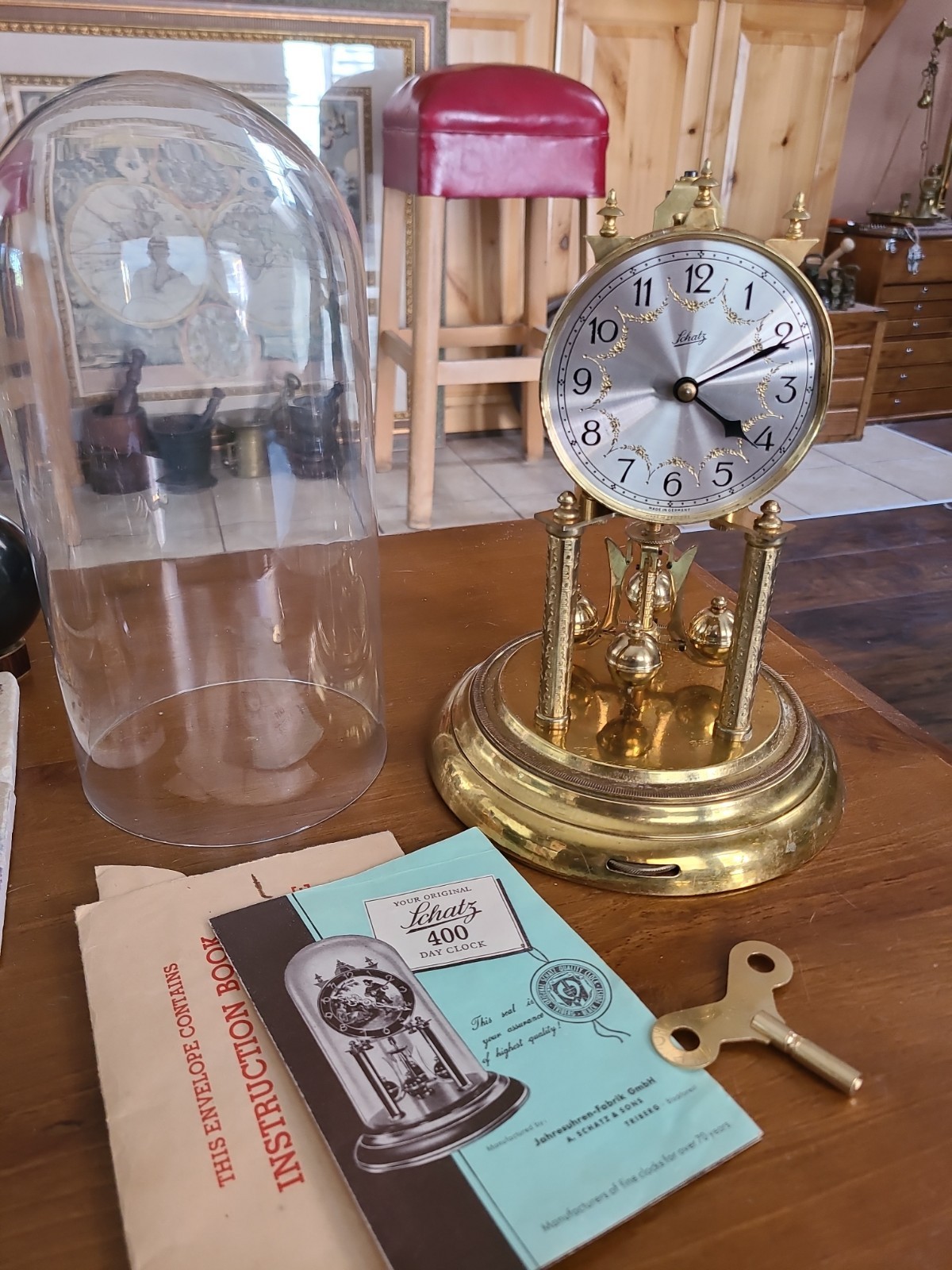SCHATZ 400 Day Anniversary Clock Glass Dome Fully Serviced 49 Jahresuhren-fabrik SCHATZ 400 Day Anniversary Clock Glass Dome Fully Serviced 49 Jahresuhren-fabrik