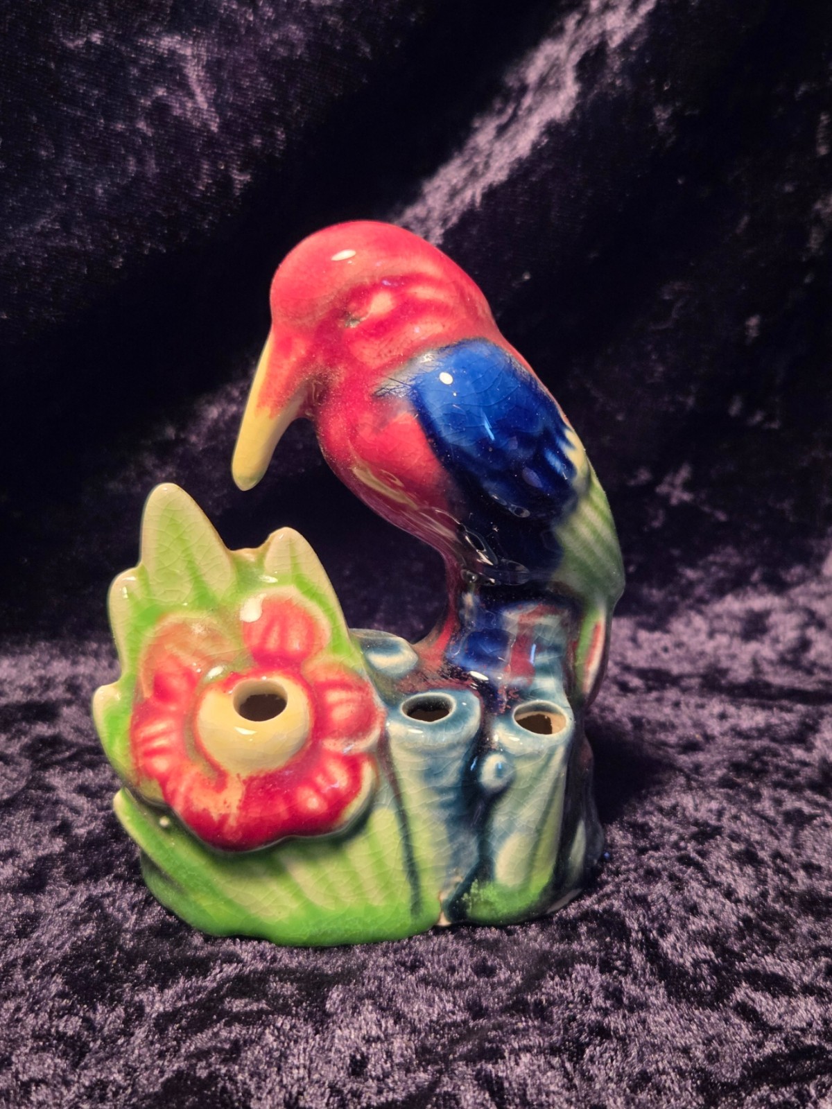Parrot kingfisher bird, colorful, pottery flower frog Japan vintage