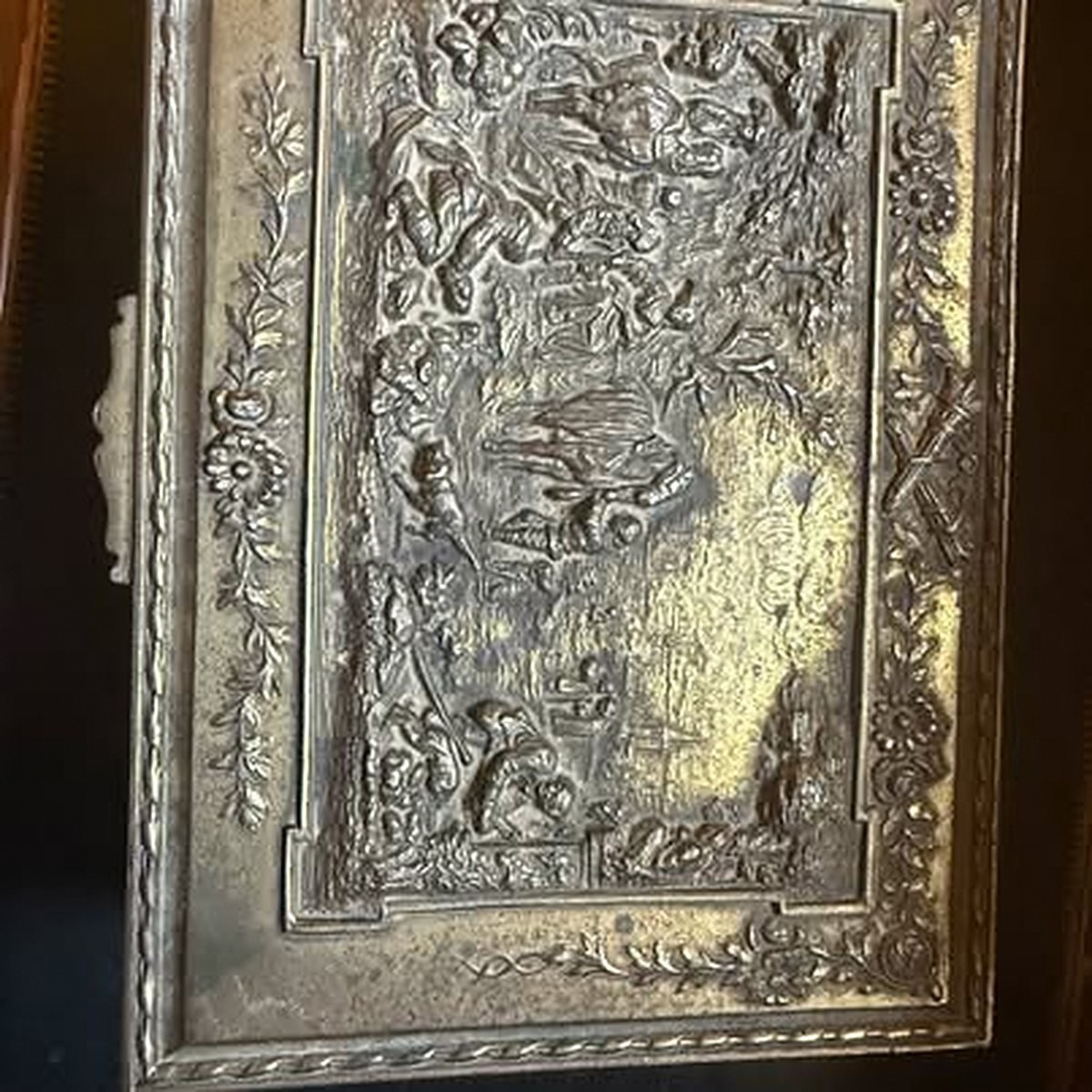 Antique Jennings Brothers JB Metal Jewelry Casket Box - Repousse Pastoral Scene