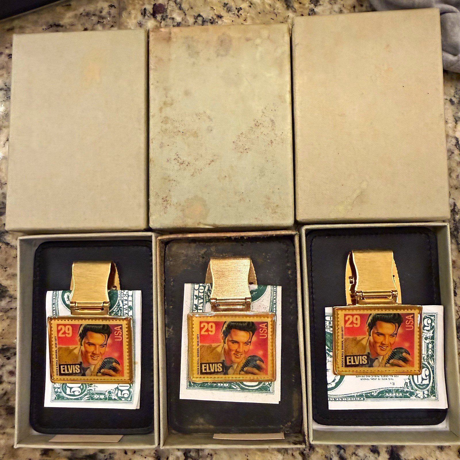 Three (3) Elvis Presley Modern Music-Themed Metal Money Clip, Gold/Multicolor