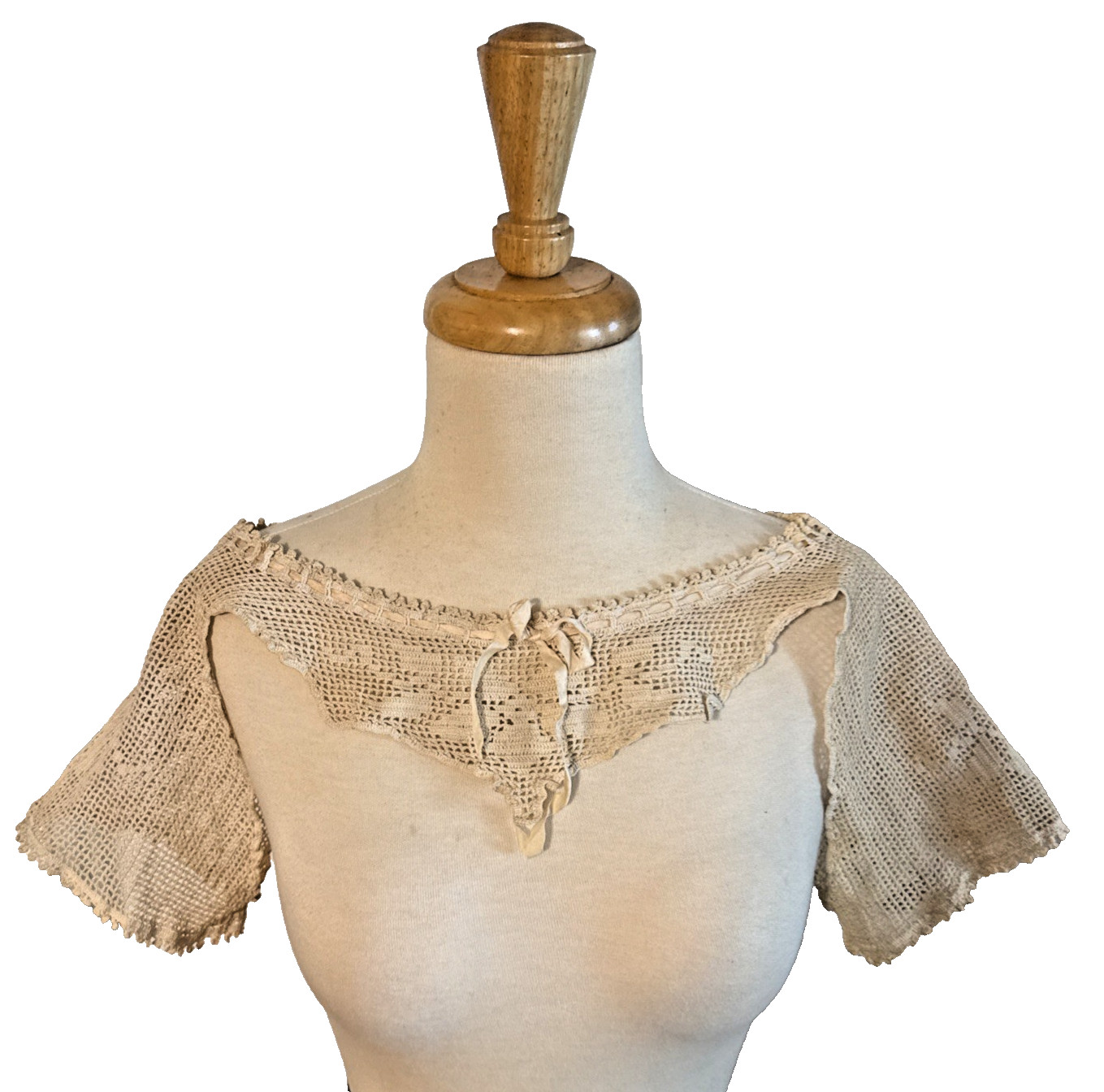 Antique 1910s Edwardian Hand Crochet Lace Dress Nightgown Yoke Topper
