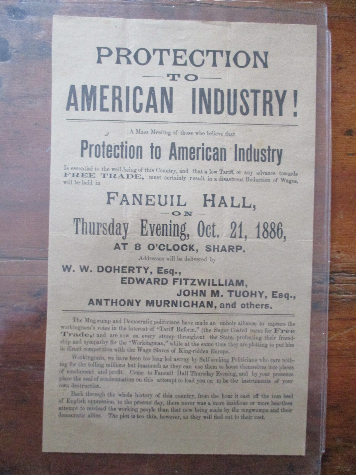 original 1896 broadside FANEUIL HALL PROTECTION AMERICAN INDUSTRY irish american original 1896 broadside FANEUIL HALL PROTECTION AMERICAN INDUSTRY irish american