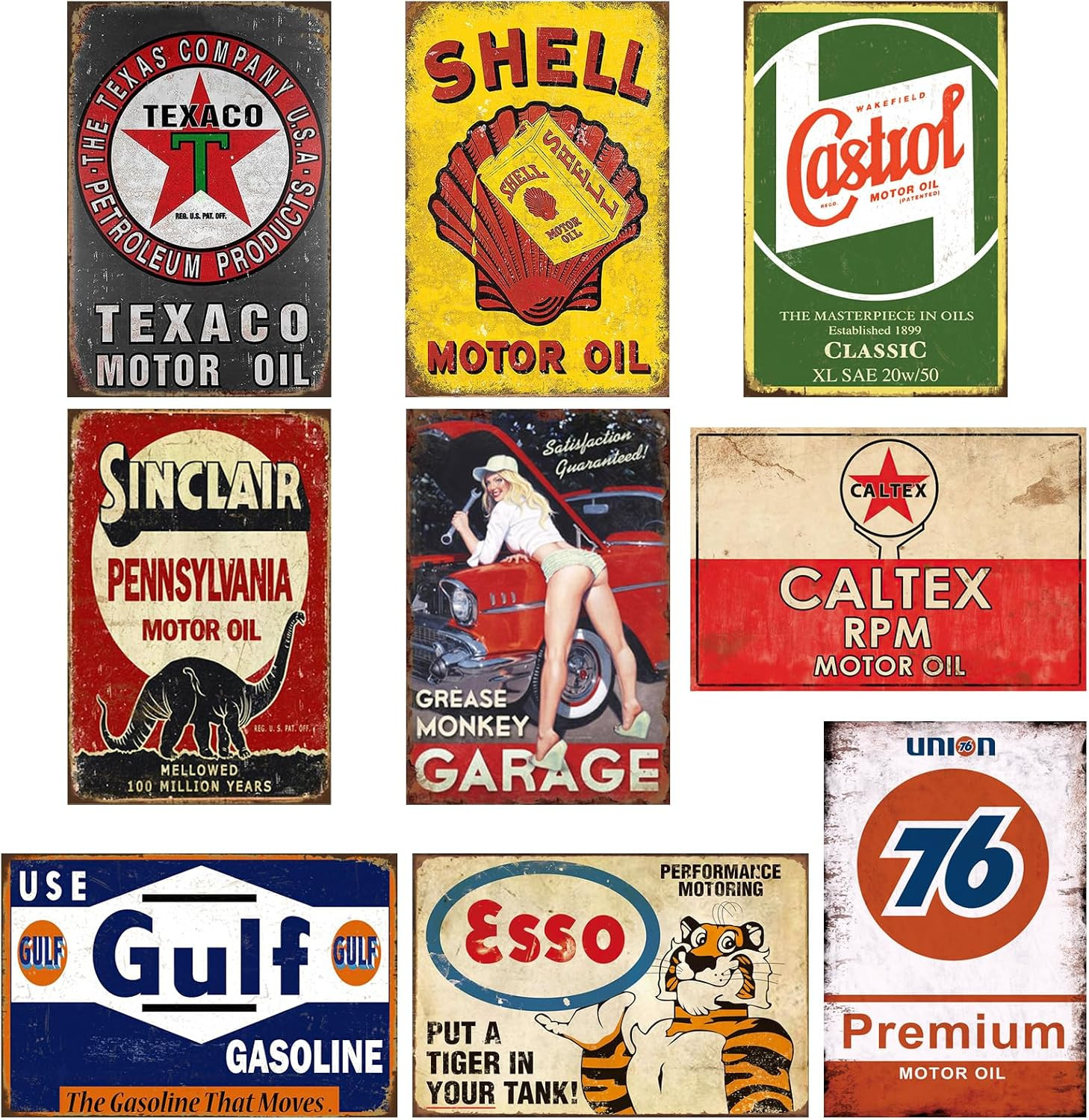9 PCS Vintage Metal Tin Garage Signs, Retro Oil & Gas Station Wall Decor
