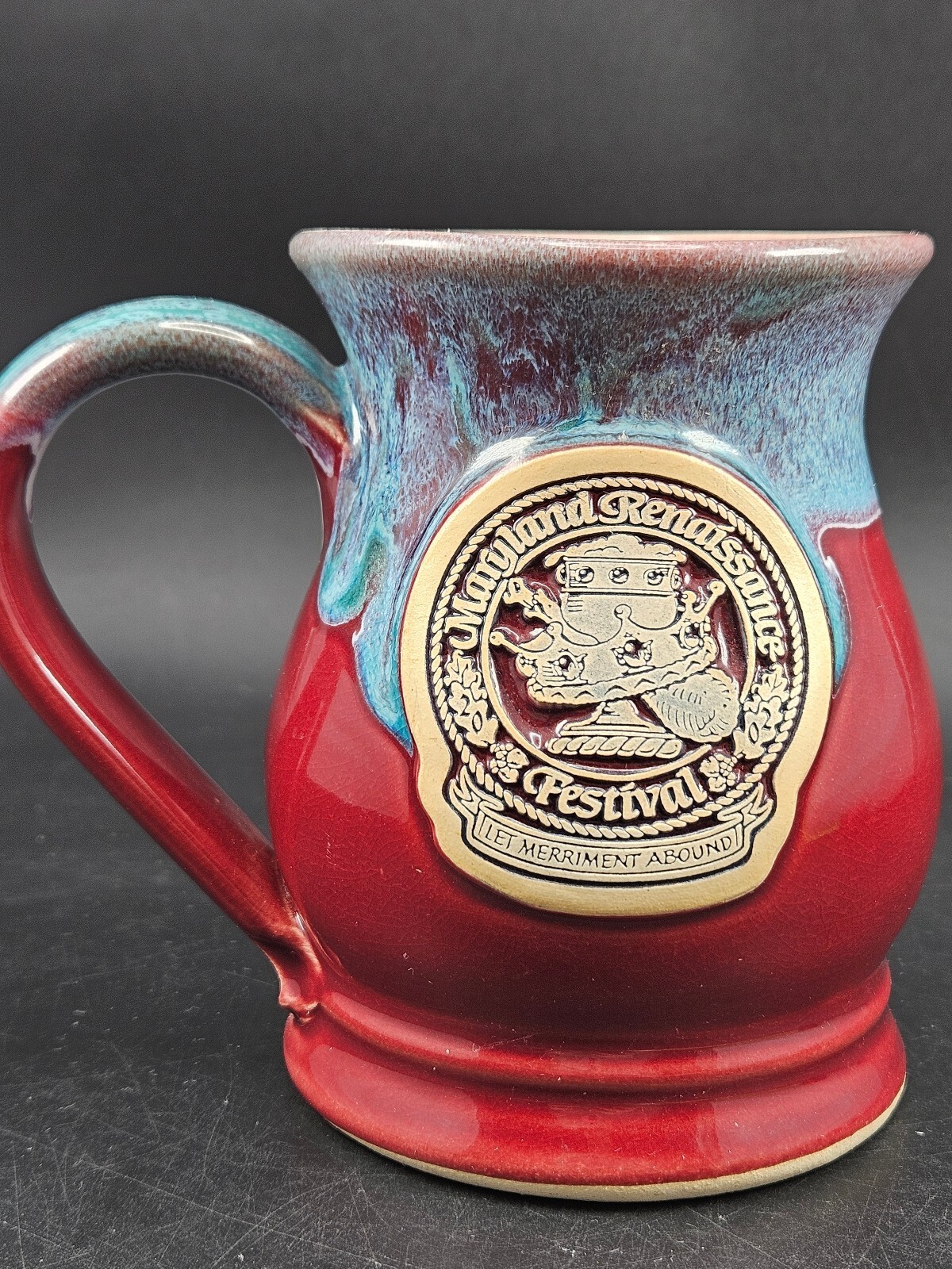 2002 Maryland Renaissance Festival Mug Cranberry Red Blue Drip Glaze Pottery