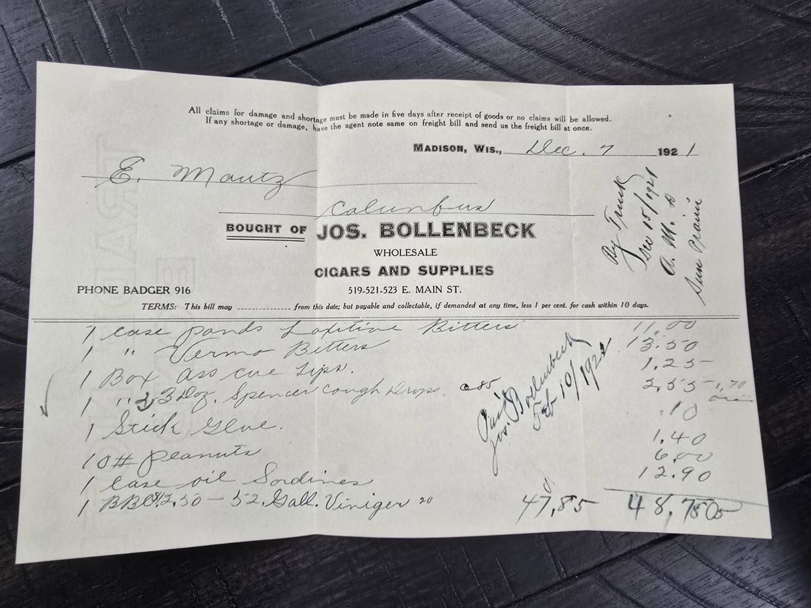1921 Tobacco Grocery Jos Bollenbeck  Madison Wisconsin Receipt Billhead