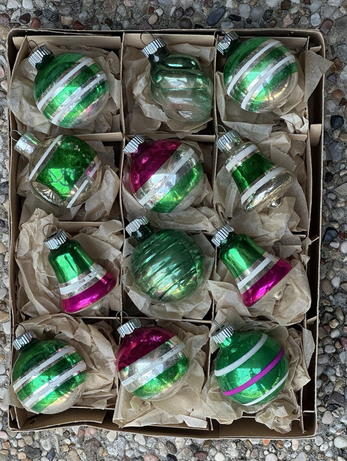Shiny Brite Made In USA Green Pink Stripes Bells Indent Swirls Glass Ornaments