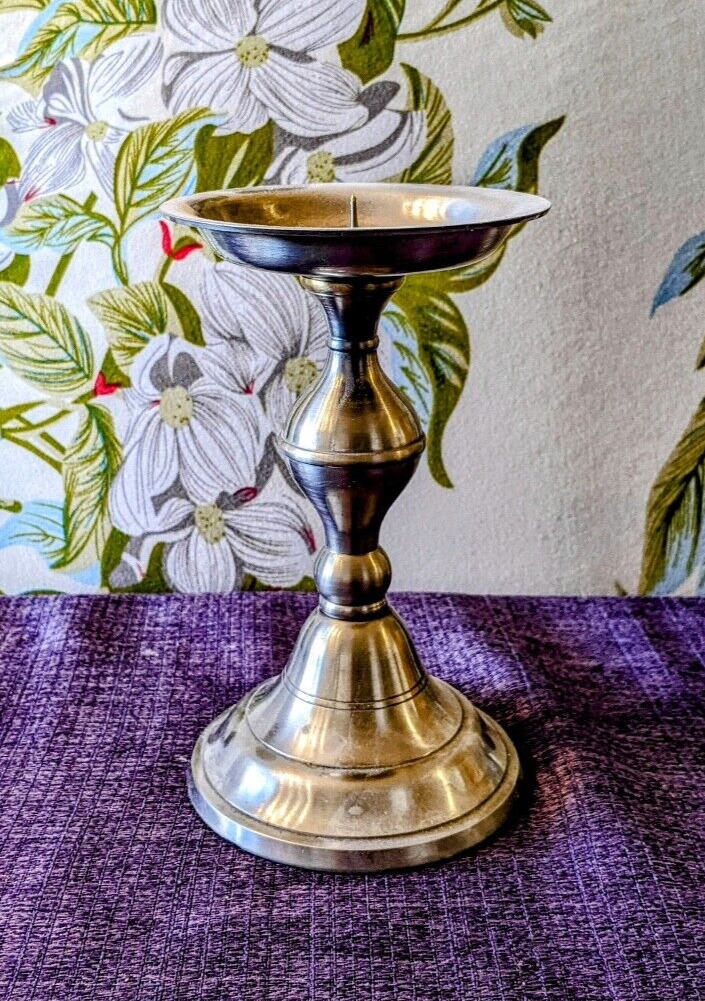 Vintage India Solid Metal Pillar Table Top Pedestal Candle Holder 6” X  4” EUC