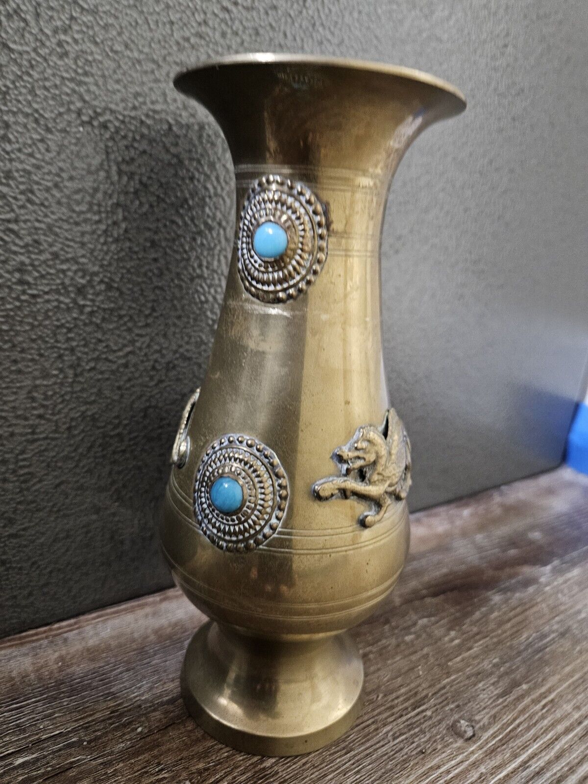 Vintage Brass Turquoise Stone Lion Dragon Stones Vase  Decor Rare