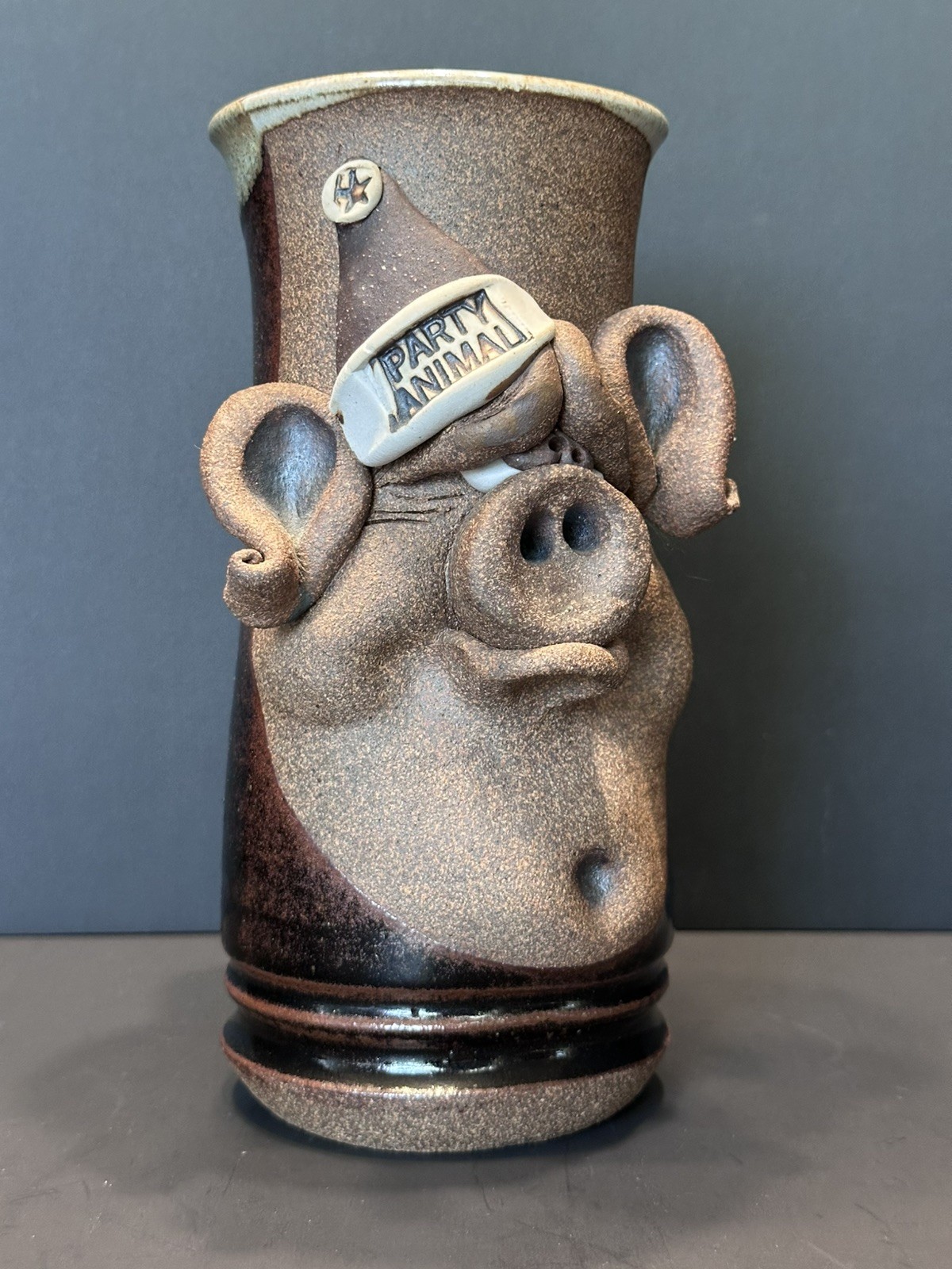 Vintage Mahon Made Stoneware Mug, Party Animal Pig, Signed, 8.5” tall, 1980's Vintage Mahon Made Stoneware Mug, Party Animal Pig, Signed, 8.5” tall, 1980's