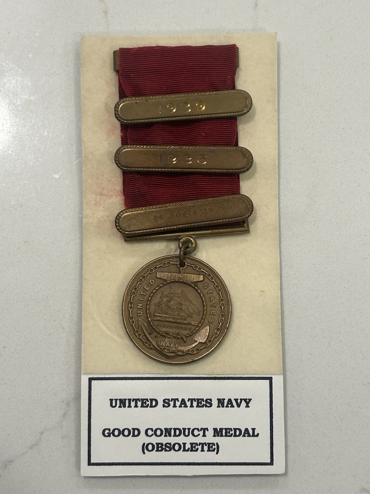 1924 US Navy Good Conduct Medal Named USS CALIFORNIA 3 Bars 1928 1936 1939 Rare