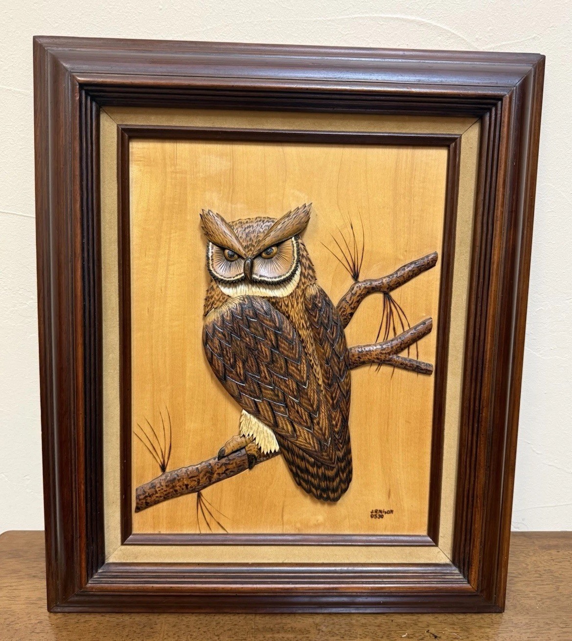 Vintage Hand Carved Wood Relief Owl Wall Plaque 3D Signed J.R. Dixon