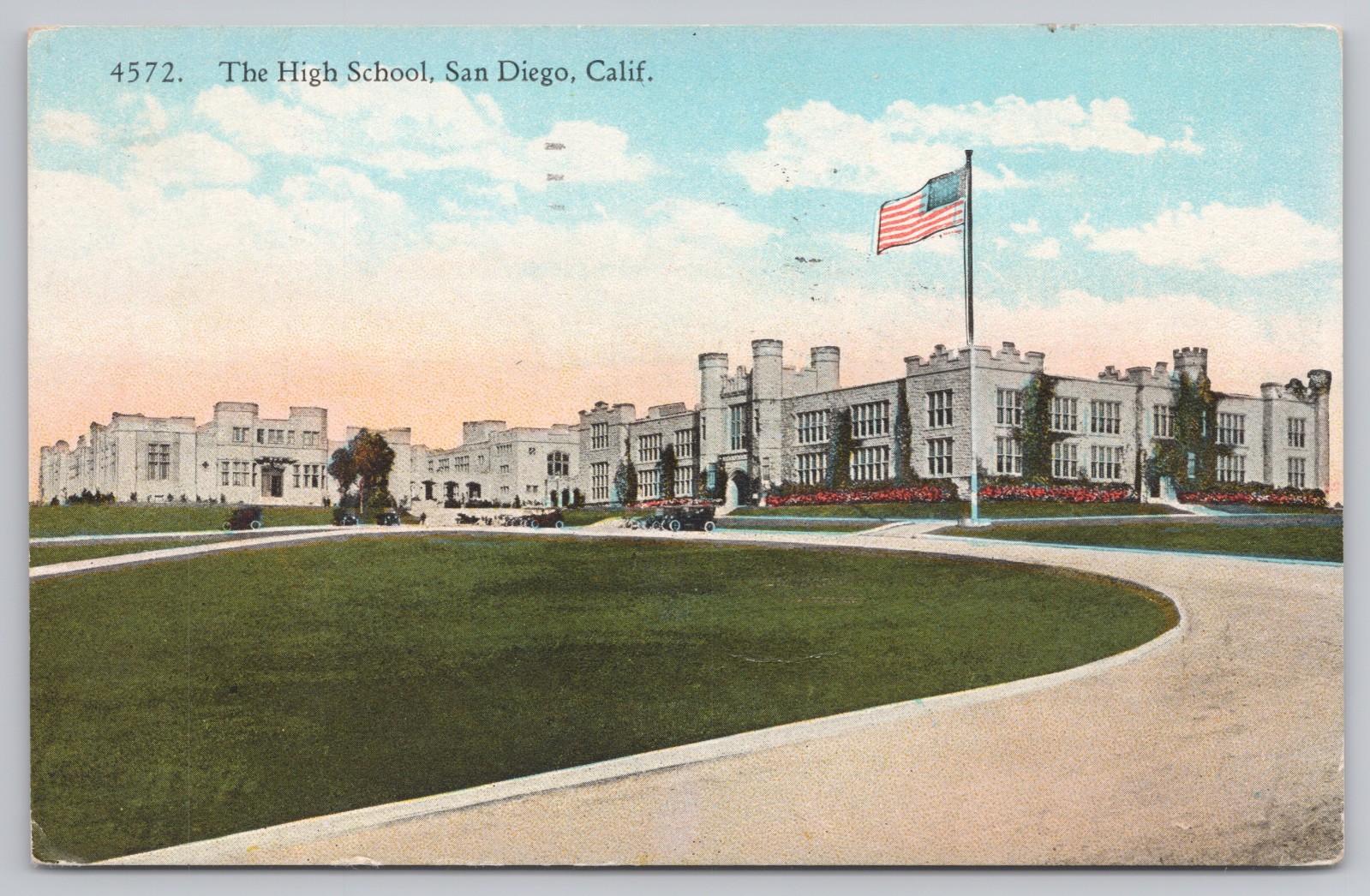 Vintage San Diego Postcard The High School Posted April 1924 US Flag Patriotic