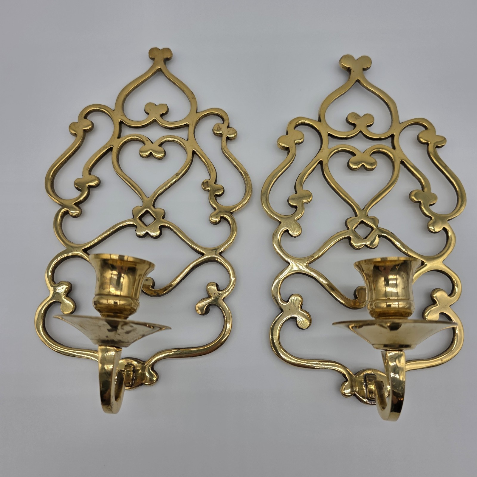 Vtg Solid Brass Sconces Candle Stick Holders - Wall Mount - Hollywood Regency 
