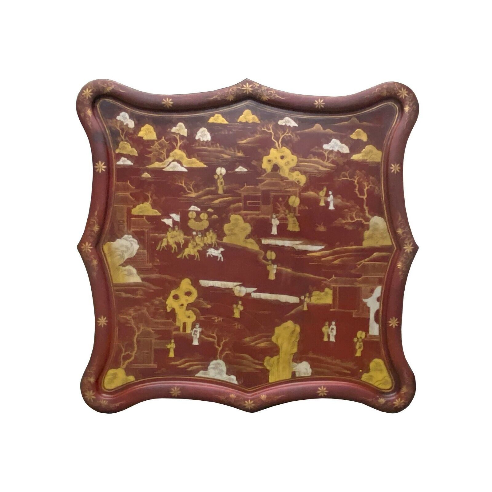 Chinese Ox Blood Red Brown Lacquer Golden Scenery Square Tray Display Art cs7213