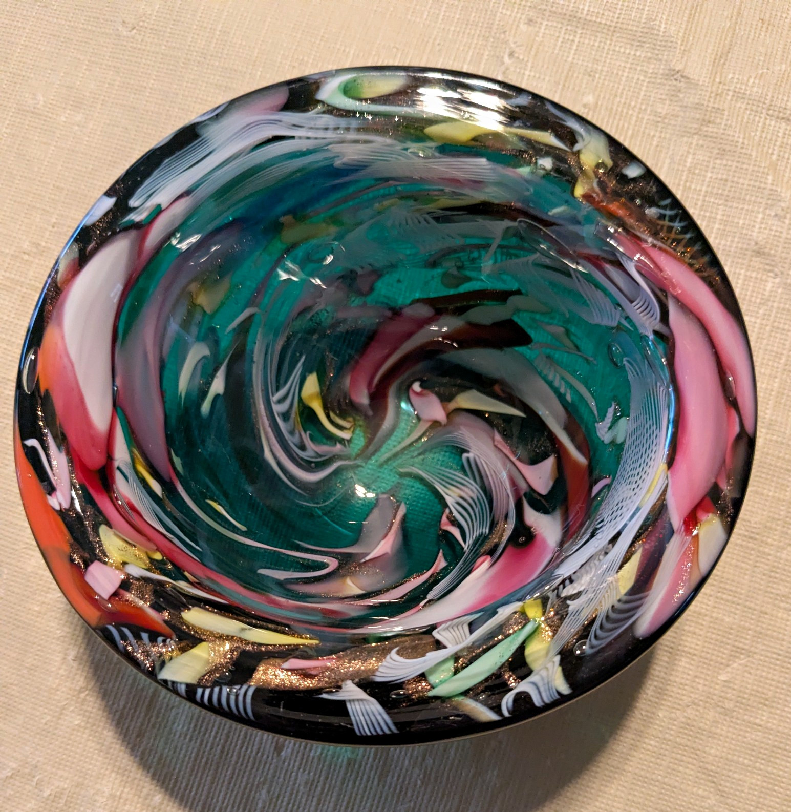 Vintage Murano Glass Bowl - small, green base, multicolors