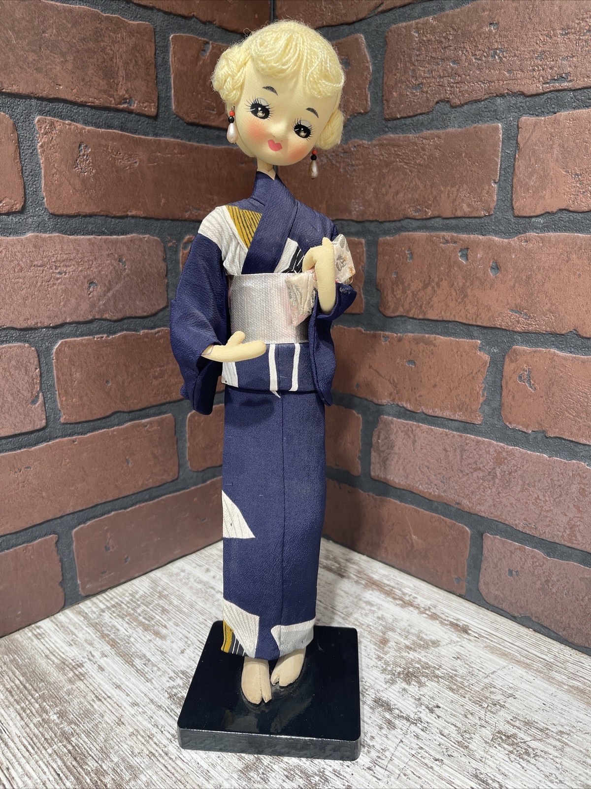 Japanese Kimono Cloth Doll 14” Handcrafted Vintage MCM Standing Soft Statue
