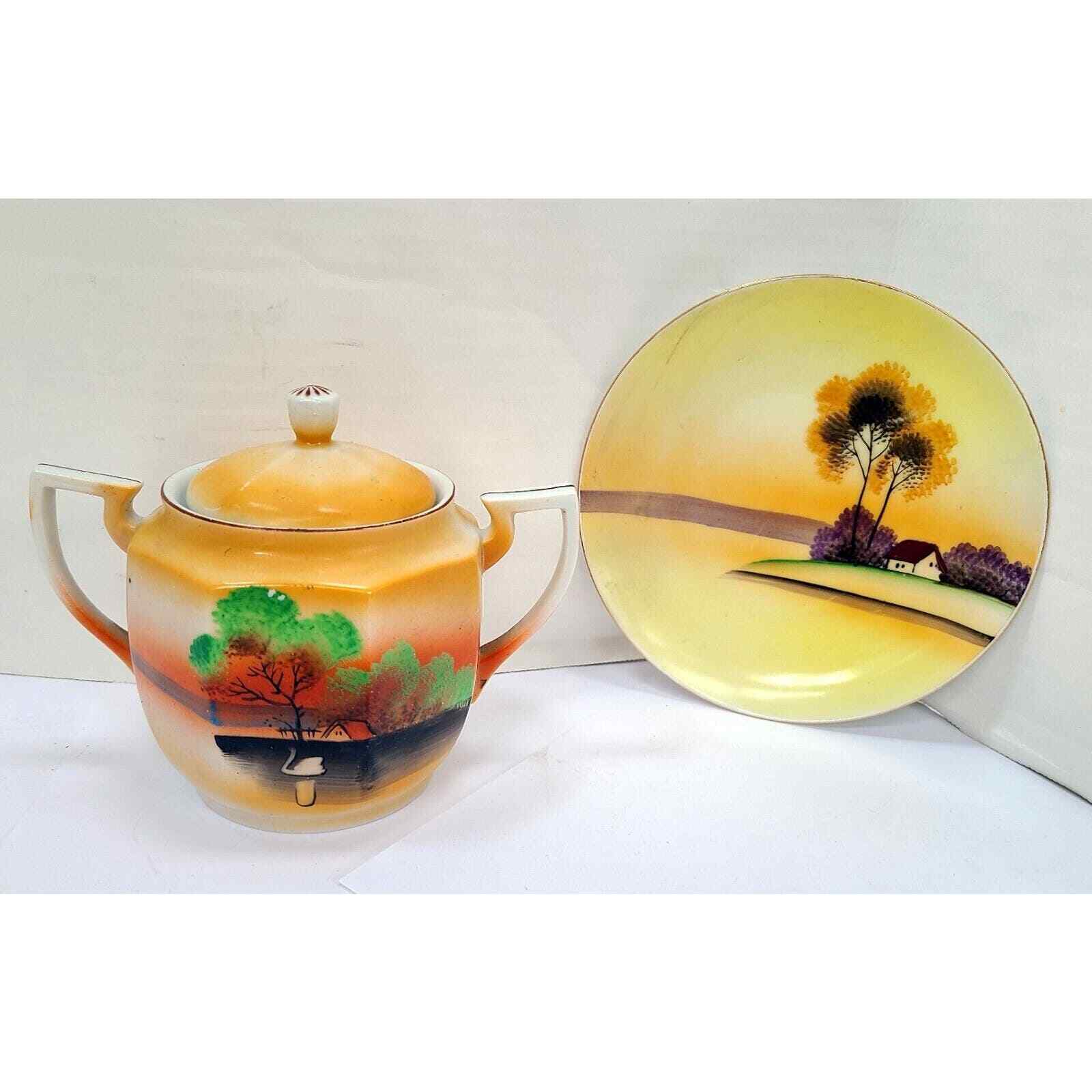 Japan Sugar Bowl & Meito China Hand Painted Landscape Plate VINTAGE . 