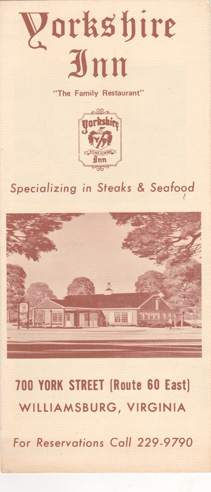 1960\'s Yorkshire Inn Restaurant Williamsburg Virginia Brochure