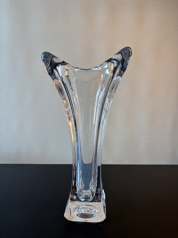 Tall Clear Crystal Flared Vase Sculptural Modern Signed
