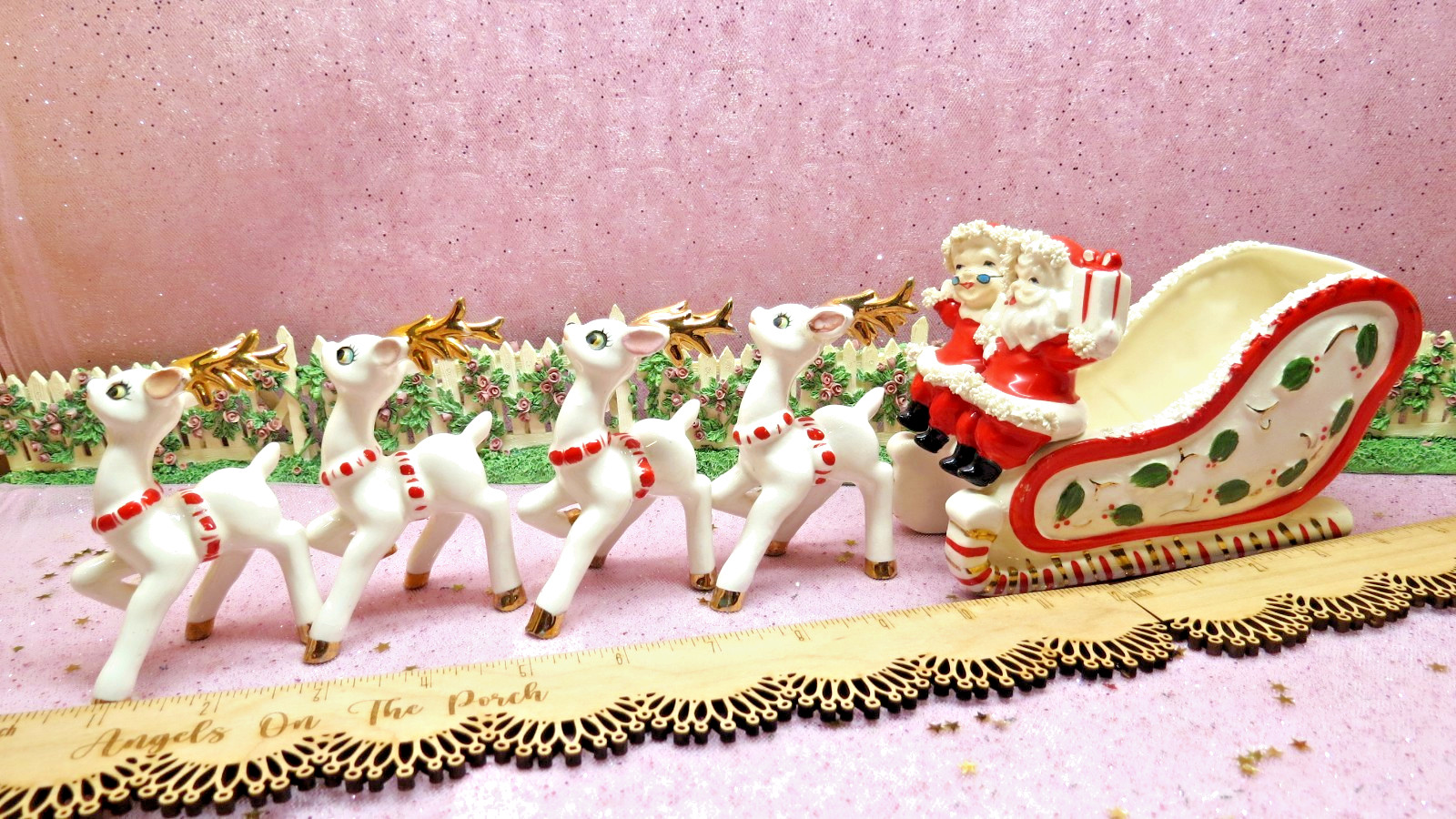 Vtg CHRISTMAS Santa Ms. Claus SLEIGH W FOUR Prancing REINDEER Candy Cane Halters