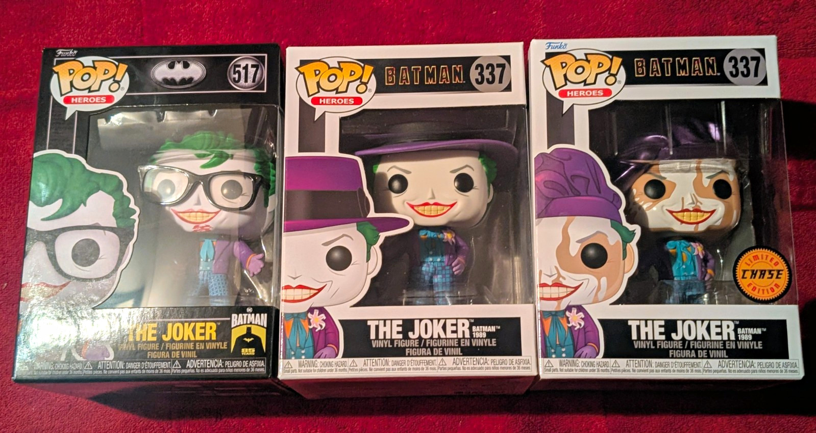 Funko The Joker #337  (Chase and Classic) and #517 (Glasses, blood, & gag teeth)