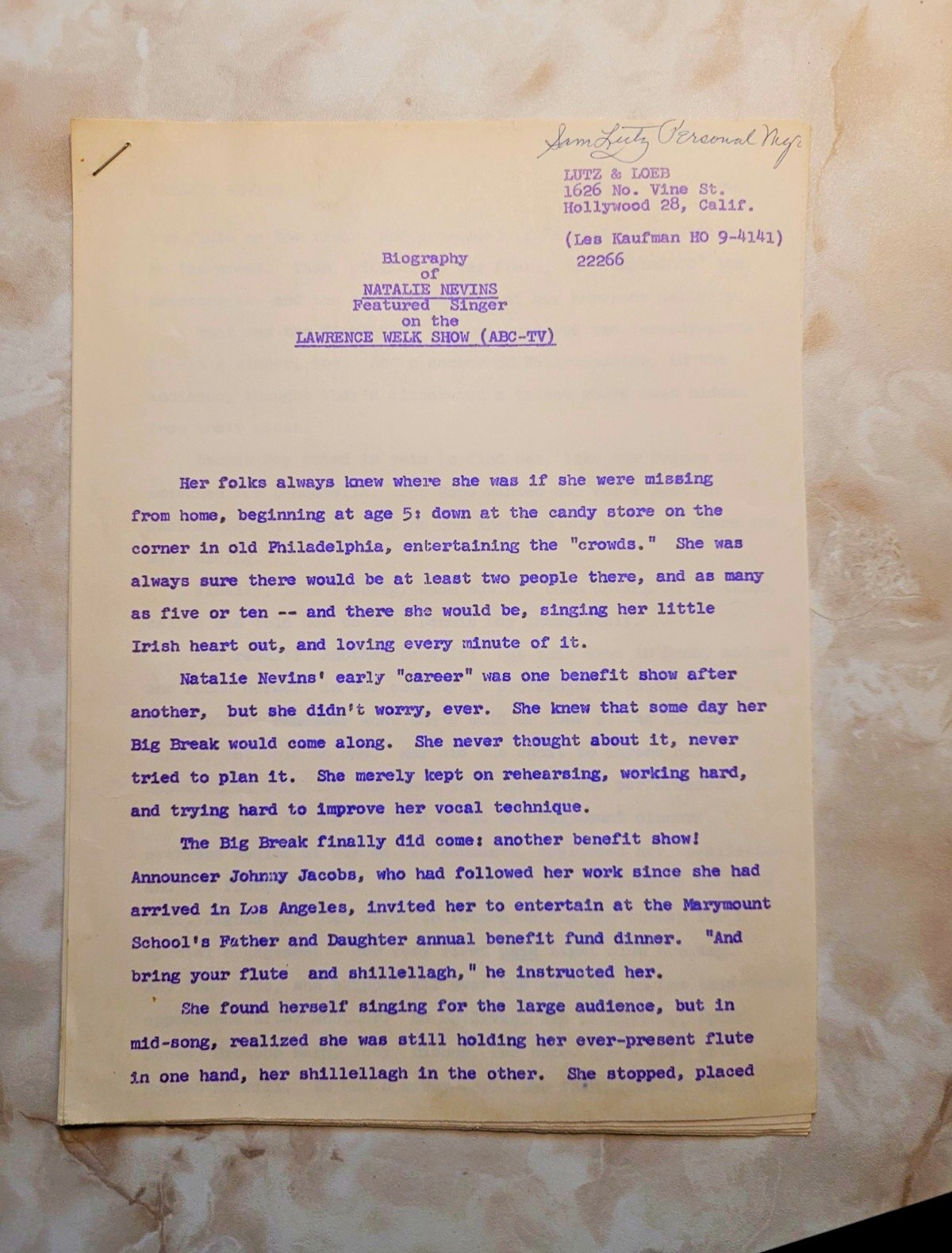 ONE-OF-A-KIND HOLLYWOOD HISTORY ARTIFACT: NATALIE NEVINS ORIGINAL PRESS BIO DR