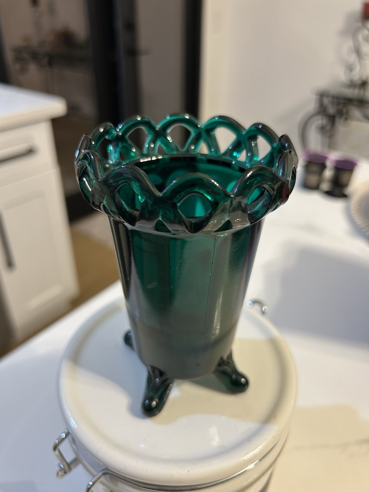 Vintage Green Imperial Glass Four Footed Vase Laced Edge Glass Vase