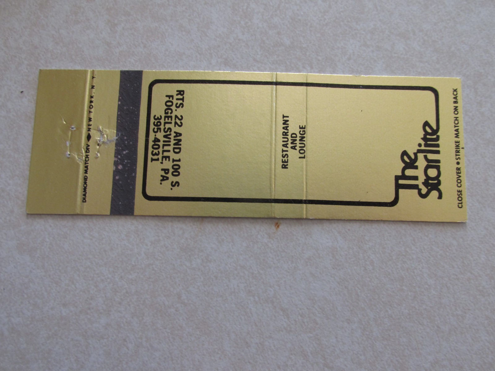 L8 Matchbook cover PA Pennsylvania The Starlite Fogelsville Restaurant Lounge