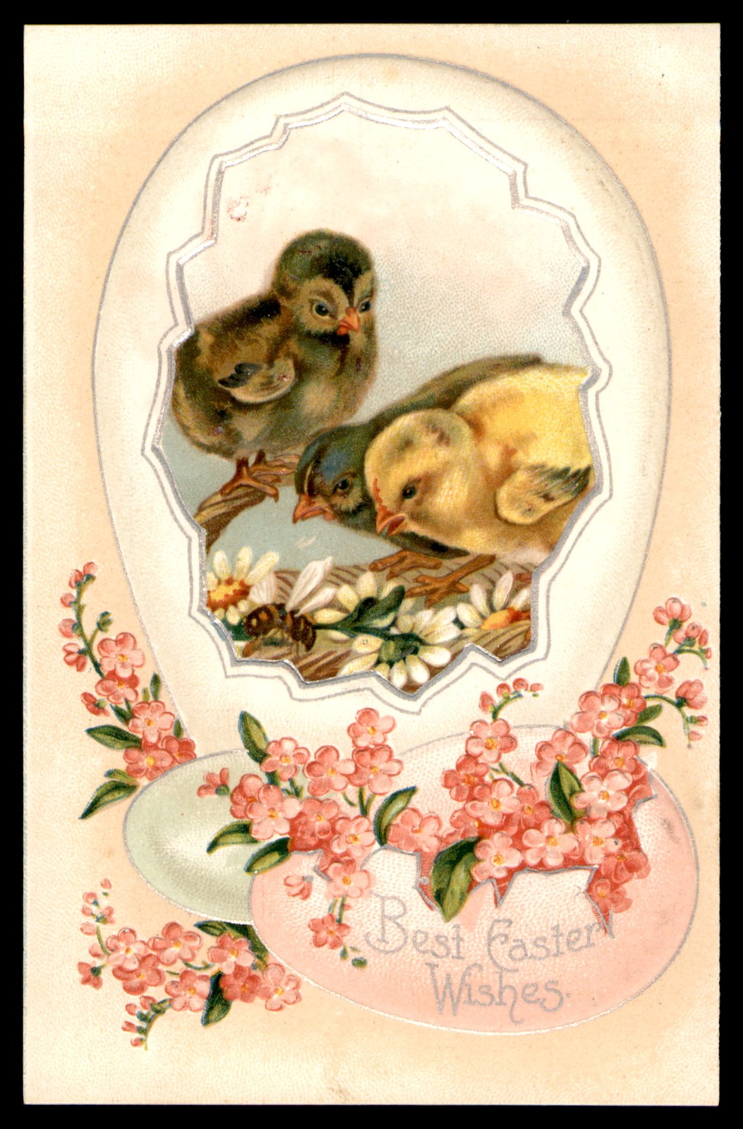 Postcard Best Easter Wishes, Chicks, Egg & Flowers