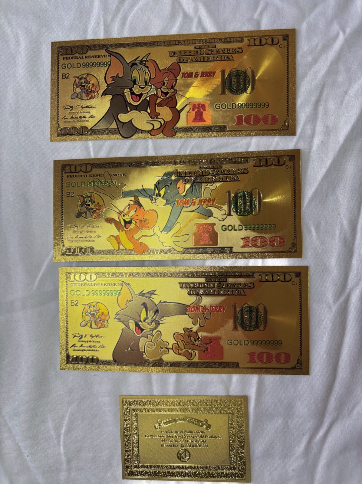 3pc 24k Gold Foil Collectible Novelty Tom And Jerry Banknote Set Looney Tunes &