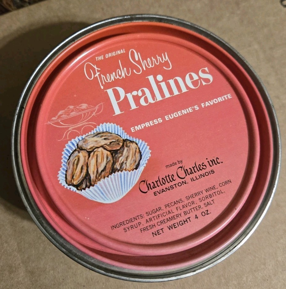 Vtg Charlotte Charles Inc French Sherry Pralines Tin Evanston IL Empress Fav