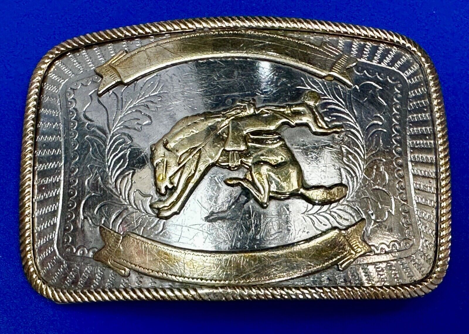 Vintage Cowboy Saddle Bronc western German Silver belt buckle engravable Scroll