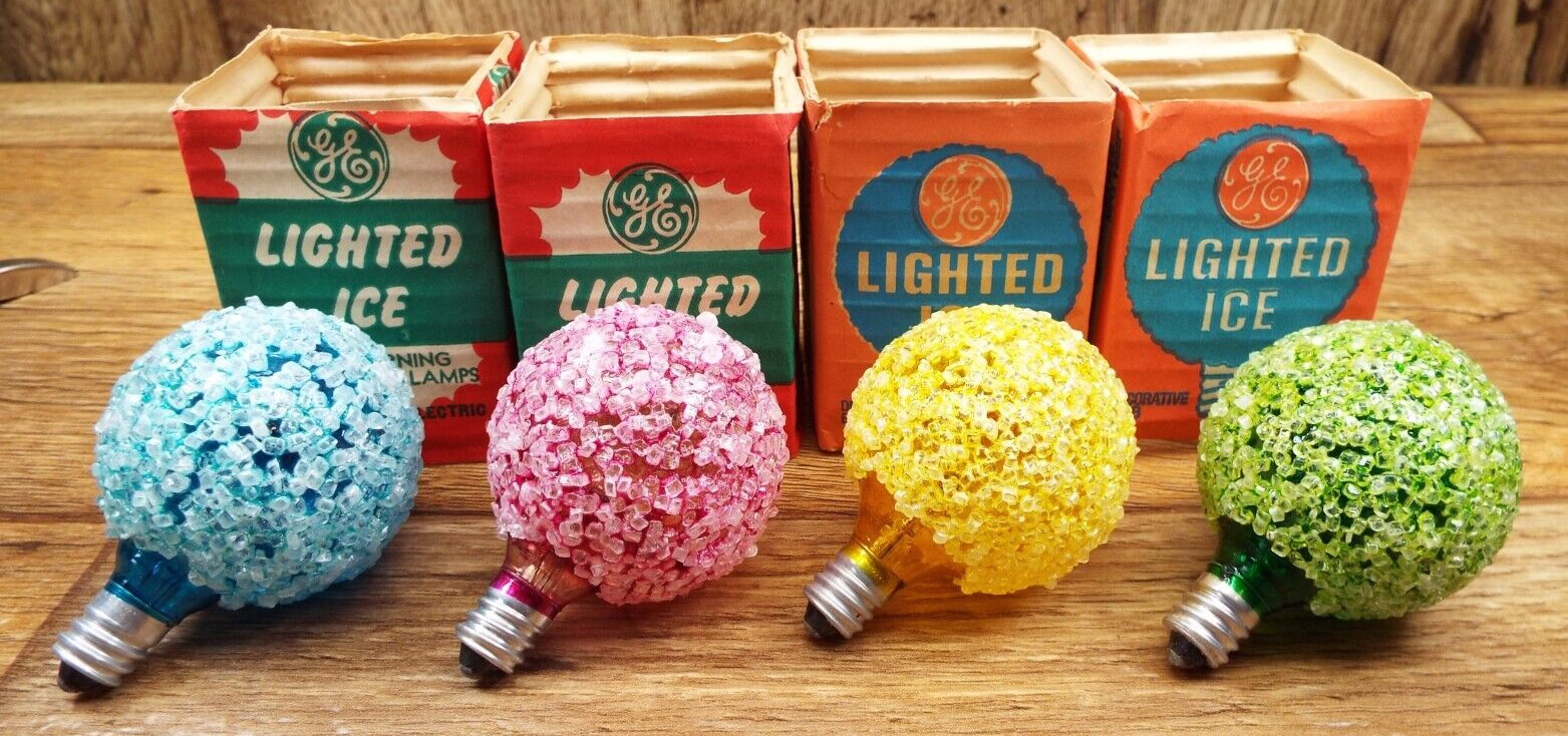 4-VINTAGE GE Lighted Ice Sugar Christmas Light Bulb Original Box NOS