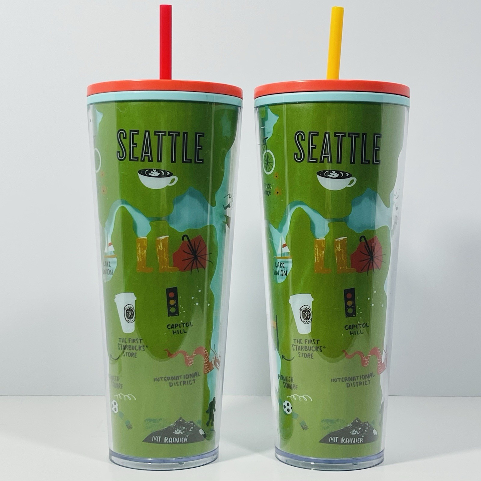New 2x Starbucks Seattle 24 Oz. Tumbler Local Collection Green Venti Cold Cups